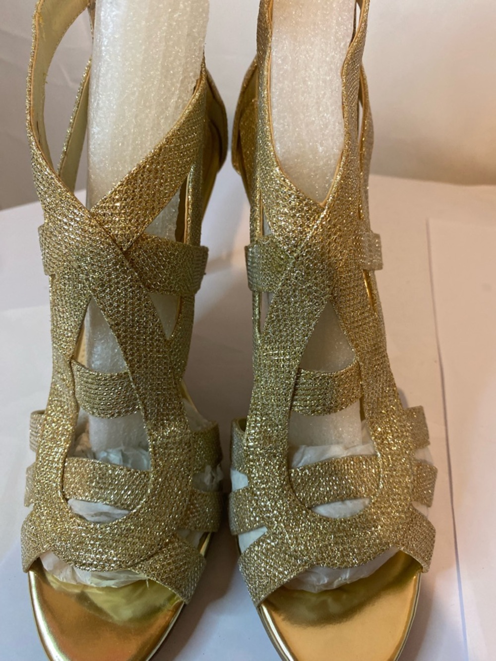 Marc Fisher Gold Glitter Strappy Slingback Heels